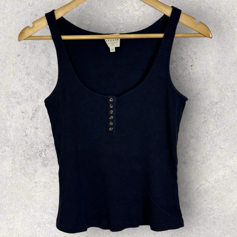 Sezane Navy Blue Kira Ribbed Tank Top Organic Cotton Lyocell Size XS Minimalist - Picture 4 of 12